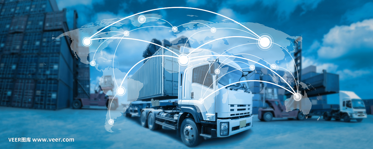 全球网络覆盖世界地图,卡车与工业集装箱货物物流进出口货场(图像元素由美国宇航局提供)